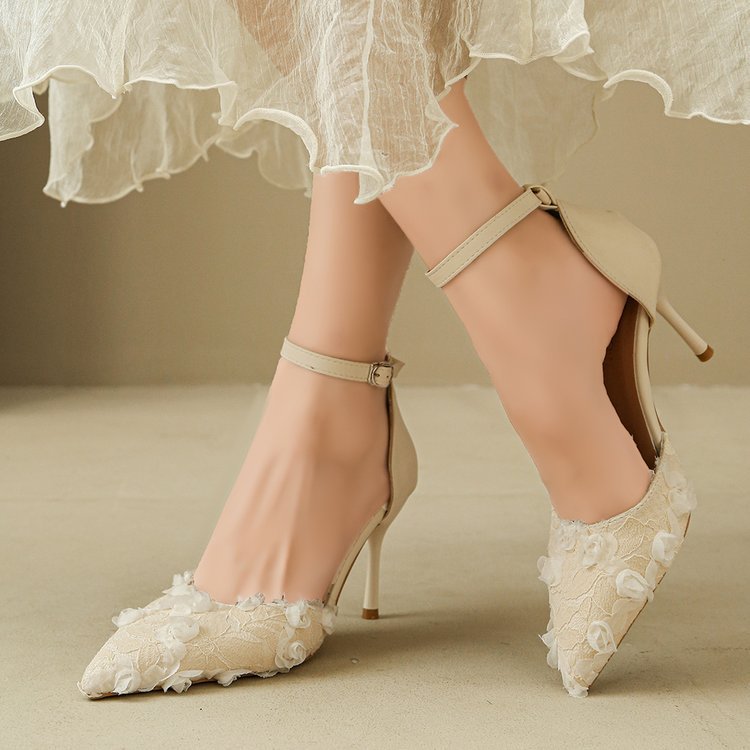 Damen elegante High Heels mit floralem Spitzendesign und verstellbarem Riemen