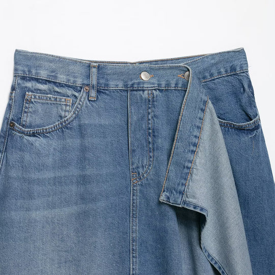 Damen Asymmetrischer Jeansrock mit A‑Linie, Fünf‑Taschen‑Details und überlappendem Volant Nord Taschen