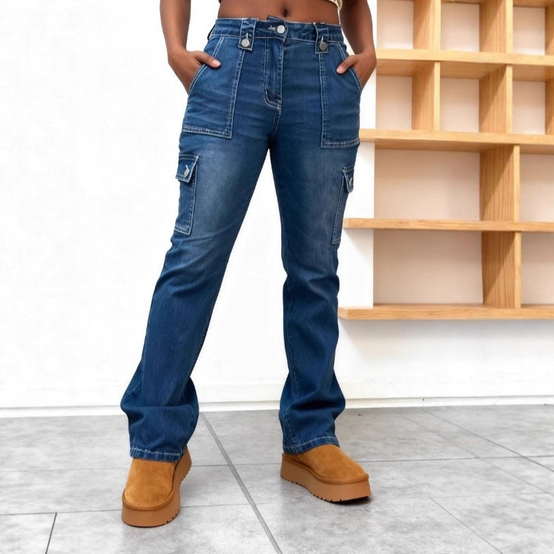 Damen Hochtaillierte Cargo-Denim-Jeans mit geradem Bein und aufgesetzten Klappentaschen Nord Taschen