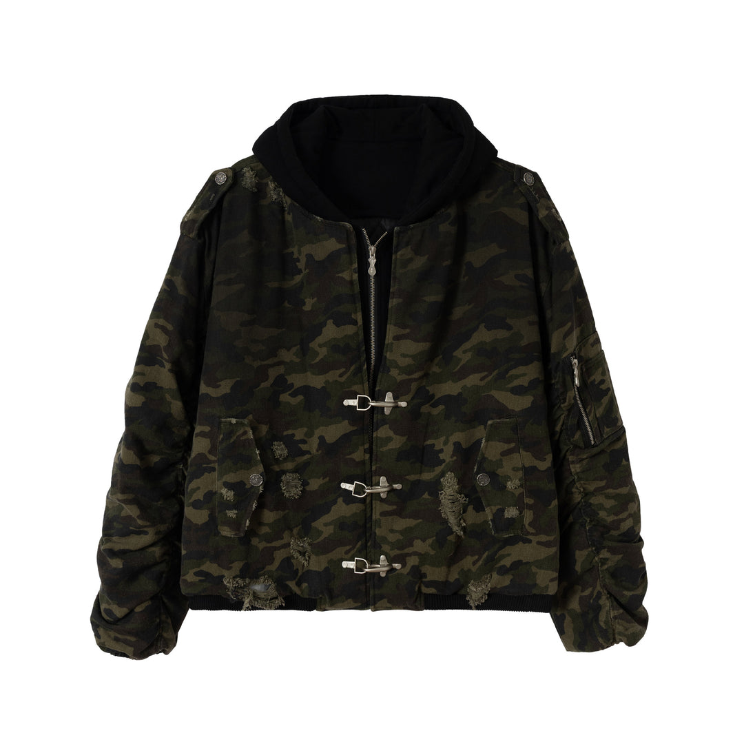 Herren Camouflage Utility-Bomberjacke mit Kapuze, Distressed‑Details und Hakenverschluss Nord Taschen