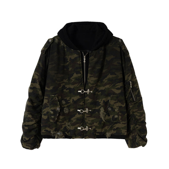 Herren Camouflage Utility-Bomberjacke mit Kapuze, Distressed‑Details und Hakenverschluss Nord Taschen