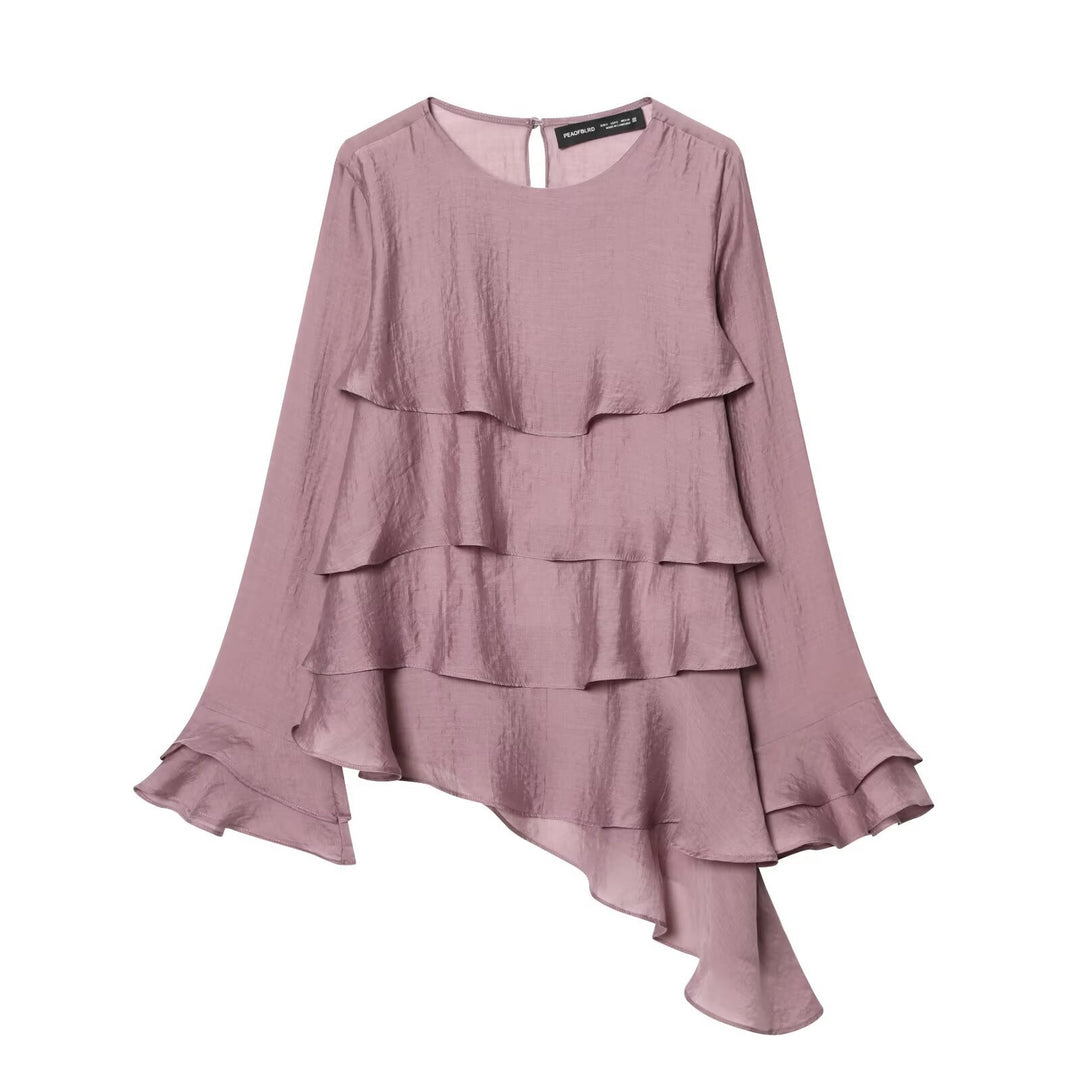 Damen 50+ mehrlagige Volant‑Bluse mit asymmetrischem Saum und Glockenärmeln Nord Taschen