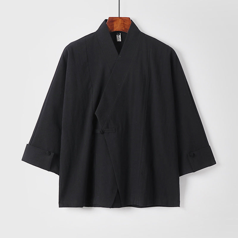 Herren Leinen-Kimono-Jacke mit traditionellem Knotenverschluss und mittel-langen Ärmeln Nord Taschen