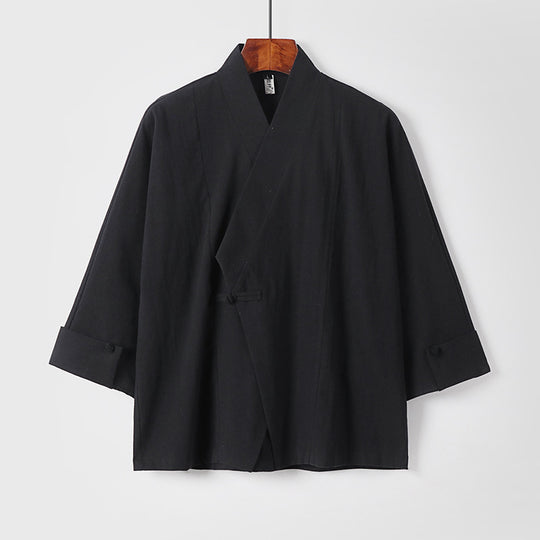 Herren Leinen-Kimono-Jacke mit traditionellem Knotenverschluss und mittel-langen Ärmeln Nord Taschen