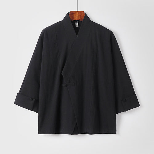Herren Leinen-Kimono-Jacke mit traditionellem Knotenverschluss und mittel-langen Ärmeln Nord Taschen