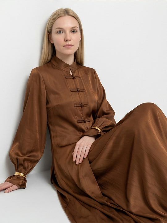 Damen Maxikleid mit Stehkragen, traditionellem Knotenverschluss und Ballonärmeln Nord Taschen