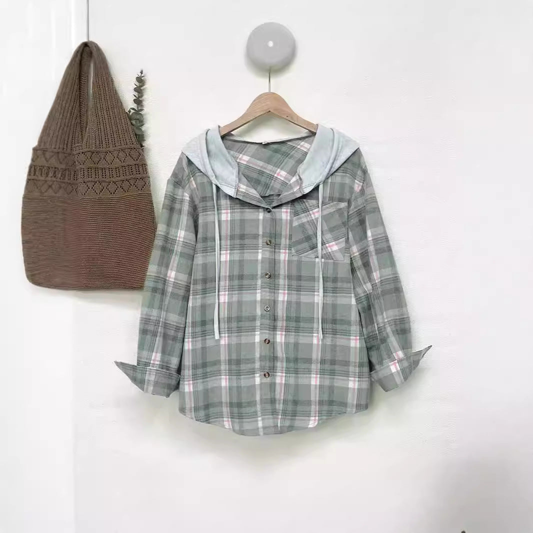 Damen nostalgische Karobluse mit Kapuze und Knopfverschluss