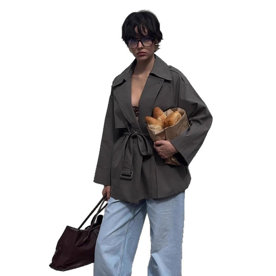 Damen Kurztrenchcoat mit Bindegürtel und Oversize-Ärmeln Nord Taschen