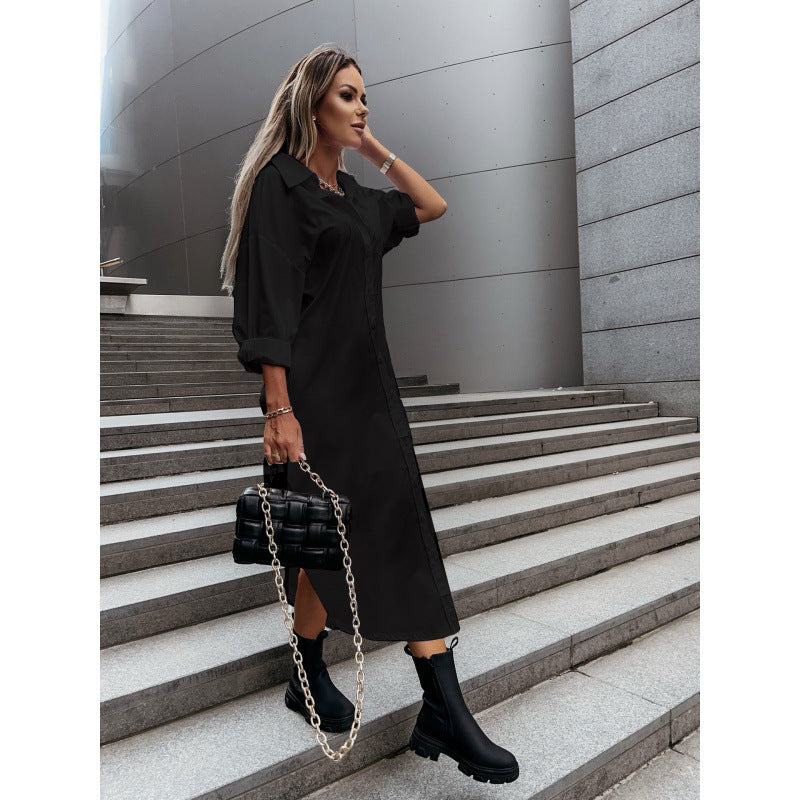 Damen Langes Oversize-Hemdblusenkleid mit durchgehender Knopfleiste, umgeschlagenen Ärmeln und tiefem Seitenschlitz Nord Taschen