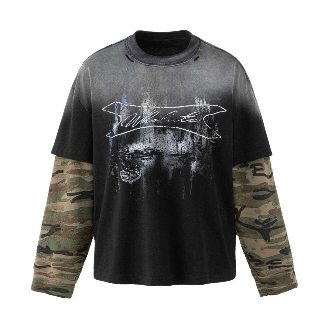Herren weit geschnittenes Lagenlook T-Shirt mit Used-Effekt und Camouflage-Ärmeln Nord Taschen