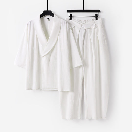Damen Zweiteiliges Kimono-Loungewear-Set mit Schalkragen Kurzarm-Oberteil und hochtaillierter Plissee-Hose Nord Taschen