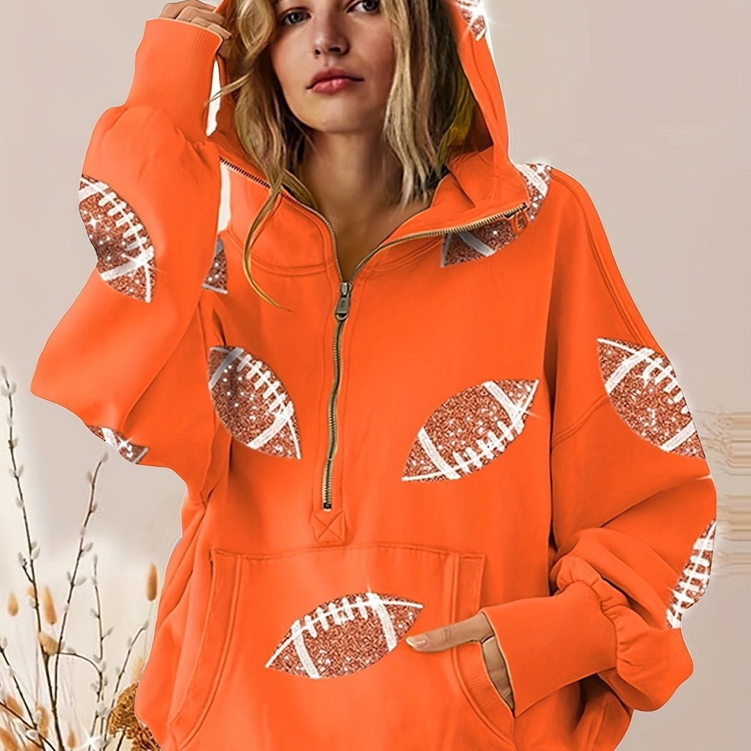 Damen Oversized Kapuzenpullover mit halbem Reißverschluss und Pailletten‑Football-Applikation Nord Taschen