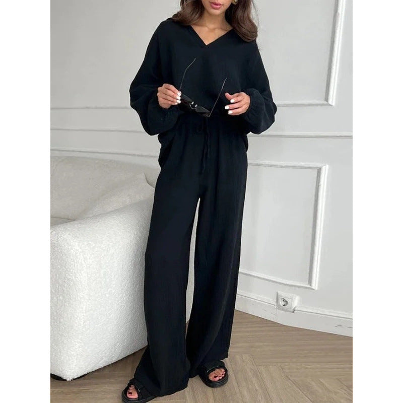 Damen Leichtes Crinkle-Lounge-Set mit V-Ausschnitt und weiter High-Waist-Hose Nord Taschen