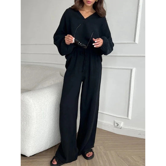 Damen Leichtes Crinkle-Lounge-Set mit V-Ausschnitt und weiter High-Waist-Hose Nord Taschen