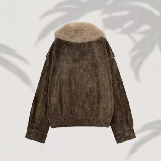 Damen Kurz geschnittene Wildlederjacke im Bomberstil mit luxuriösem Pelzkragen Nord Taschen