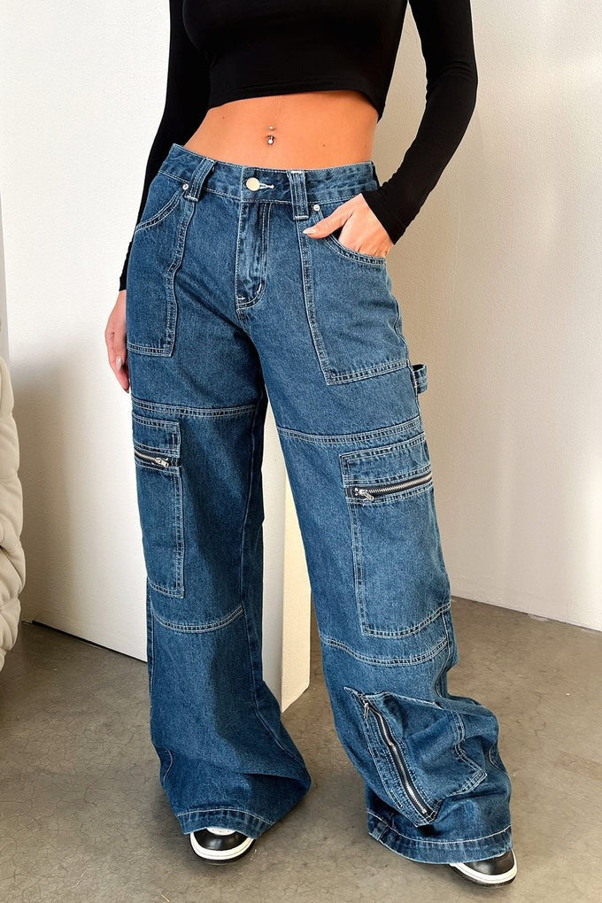 Damen weiten Cargo-Jeans mit mehreren Reißverschluss-Taschen und hoher Taille Nord Taschen