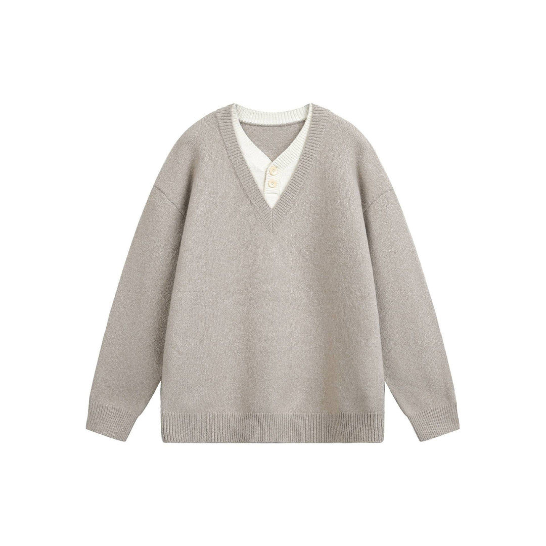 Damen Oversize V Neck Strickpullover mit Henley-Optik und gerippten Bündchen Nord Taschen