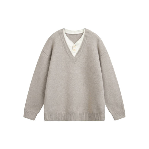 Damen Oversize V Neck Strickpullover mit Henley-Optik und gerippten Bündchen Nord Taschen