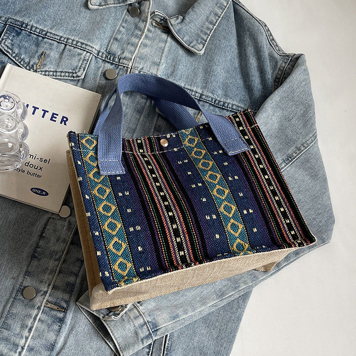 Damen Jute-Tragetasche mit buntem Muster und stabilen Baumwollgriffen Nord Taschen