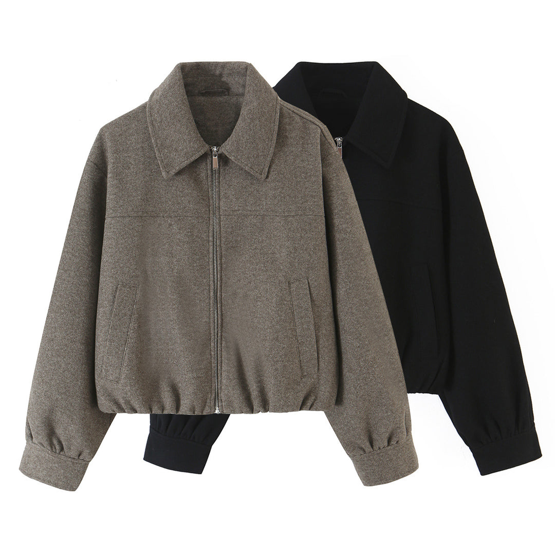 Damen Kurzjacke aus Wollmischung mit Reißverschluss und Ballonärmeln Nord Taschen