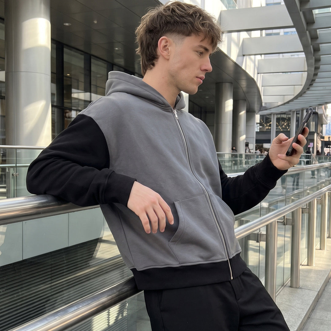 Herren Reißverschluss-Kapuzenjacke im Colorblock-Stil aus French-Terry mit Kängurutasche Nord Taschen