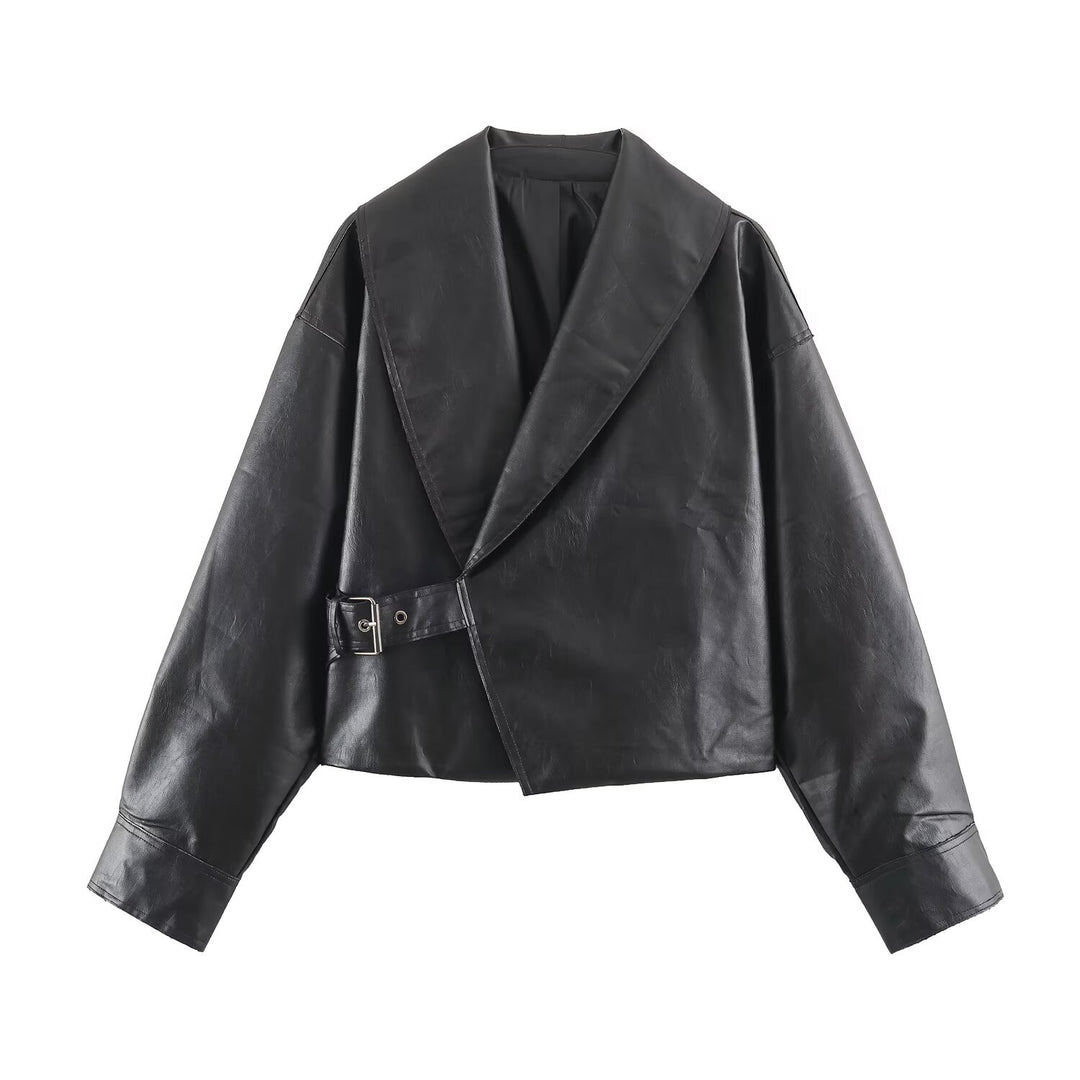 Damen Kurzer Kunstleder-Blouson mit übergroßem Schalkragen und Taillenriemen Nord Taschen
