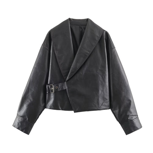 Damen Kurzer Kunstleder-Blouson mit übergroßem Schalkragen und Taillenriemen Nord Taschen
