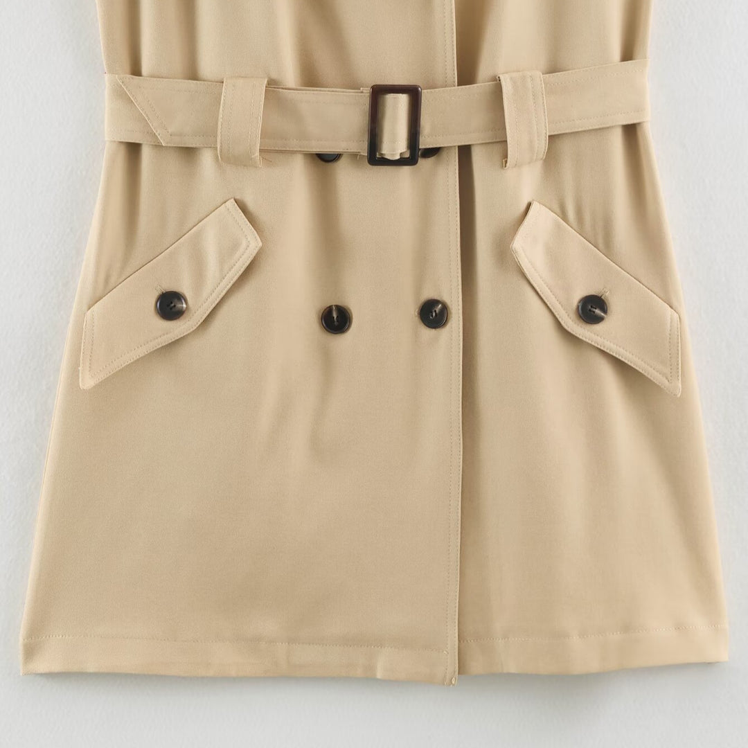 Damen Ärmelloses Tailliertes Trenchkleid mit Bindegürtel und Pattentaschen Nord Taschen