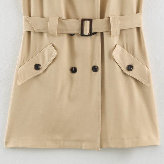 Damen Ärmelloses Tailliertes Trenchkleid mit Bindegürtel und Pattentaschen Nord Taschen