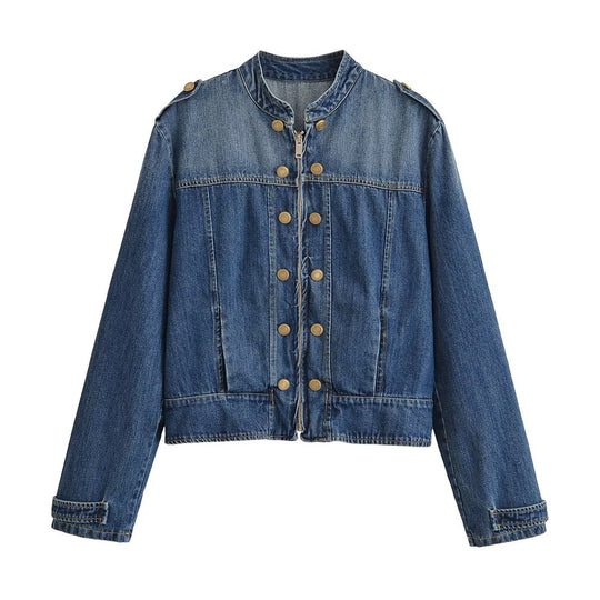 Damen Jeansjacke im Military‑Stil mit Stehkragen, doppelter Zierknopfleiste und Schulterklappen Nord Taschen