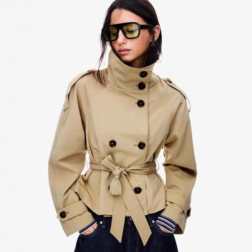 Damen Kurz geschnittener taillierter Trenchcoat mit hoher Knopfleiste und Taillengürtel Nord Taschen