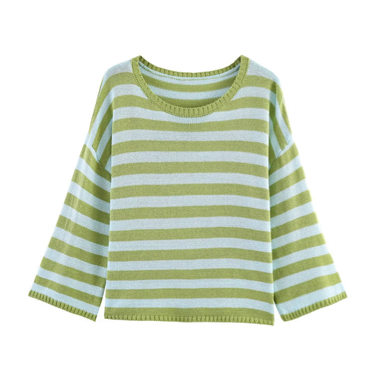 Damen Oversized Gestreifter Feinstrickpullover mit Rundhals und halblangen Ärmeln Nord Taschen