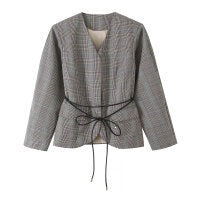 Damen Taillierte Glencheck-Blazerjacke mit V-Ausschnitt und Bindegürtel Nord Taschen