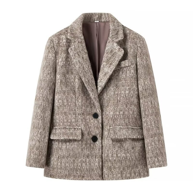 Damen Boxy Wollmix-Blazer-Mantel mit Bouclé‑Struktur, Reverskragen und Pattentaschen Nord Taschen