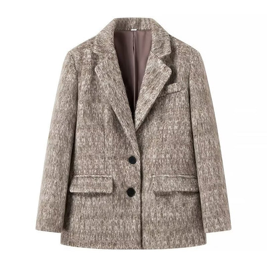 Damen Boxy Wollmix-Blazer-Mantel mit Bouclé‑Struktur, Reverskragen und Pattentaschen Nord Taschen