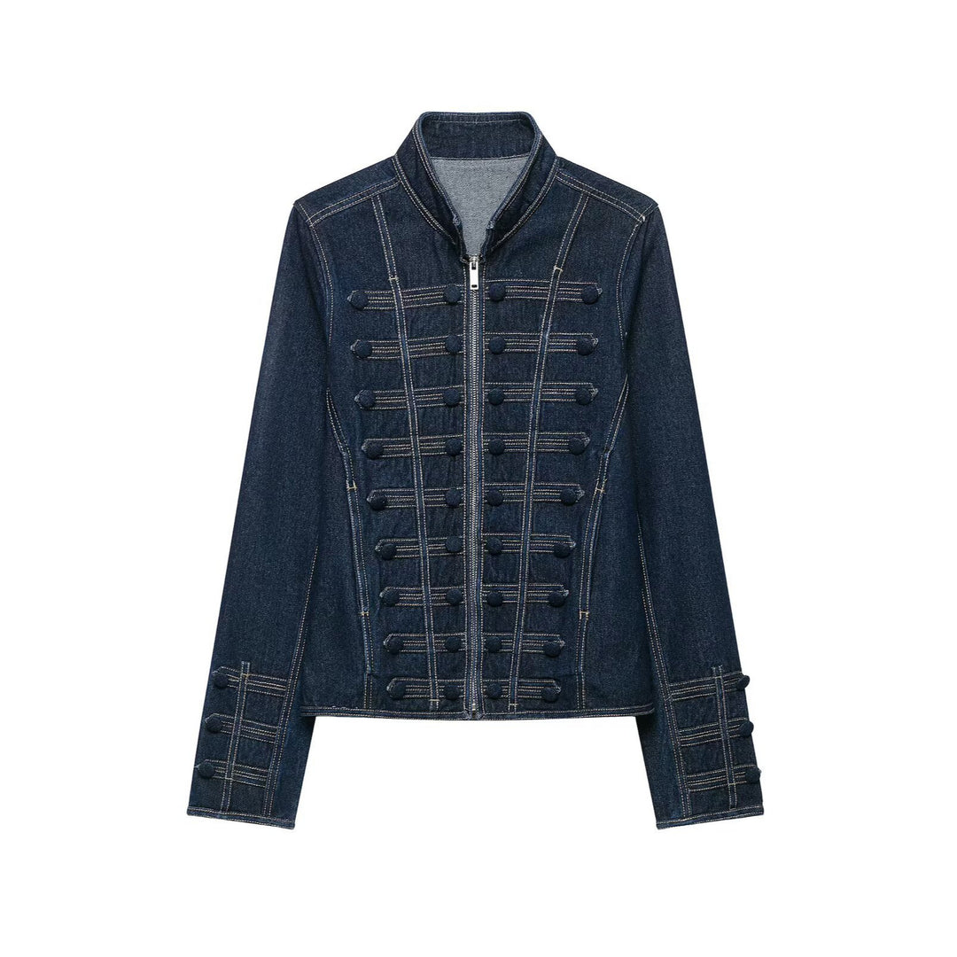 Damen Taillierte Denimjacke mit militärischen Galon‑Details und Stehkragen Nord Taschen