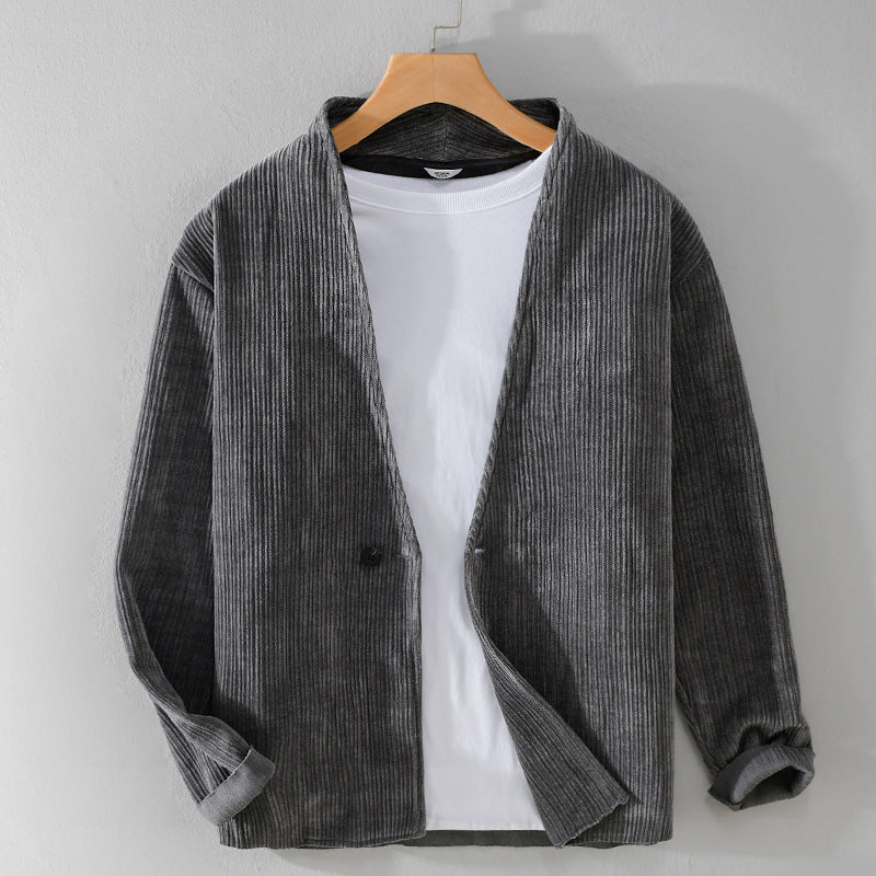 Herren Cord-Overshirt-Sakko mit V-Ausschnitt und Ein-Knopfverschluss Nord Taschen