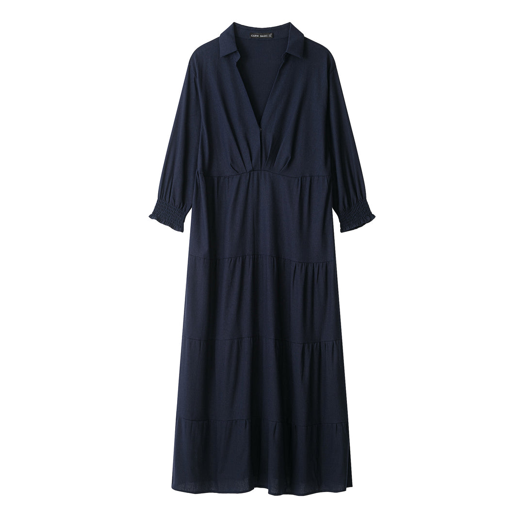 Damen Midikleid im Stufen-Look mit Hemdkragen, V‑Ausschnitt und geraffter Taillennaht Nord Taschen