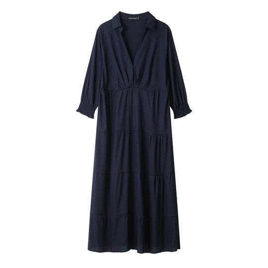 Damen Midikleid im Stufen-Look mit Hemdkragen, V‑Ausschnitt und geraffter Taillennaht Nord Taschen