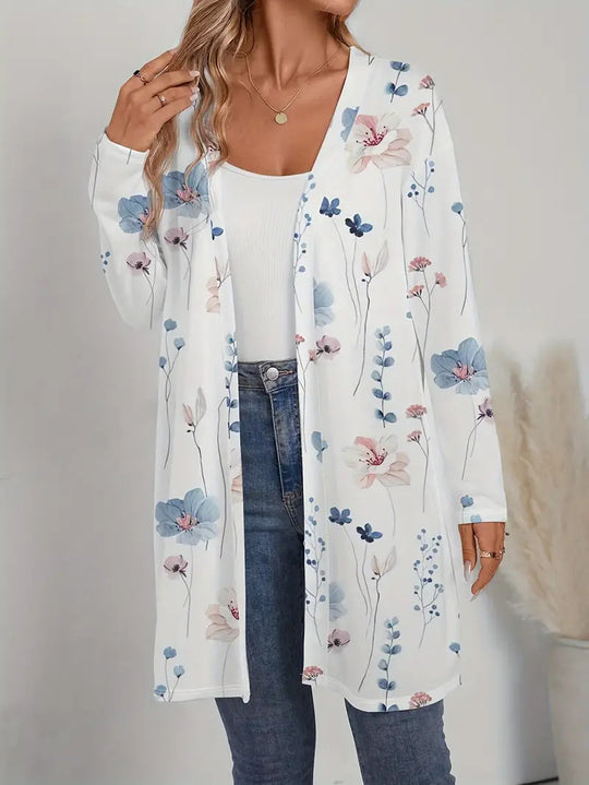 Damen Floraler Longline-Cardigan mit offenem Schnitt und leichtem Viskose-Mix Nord Taschen