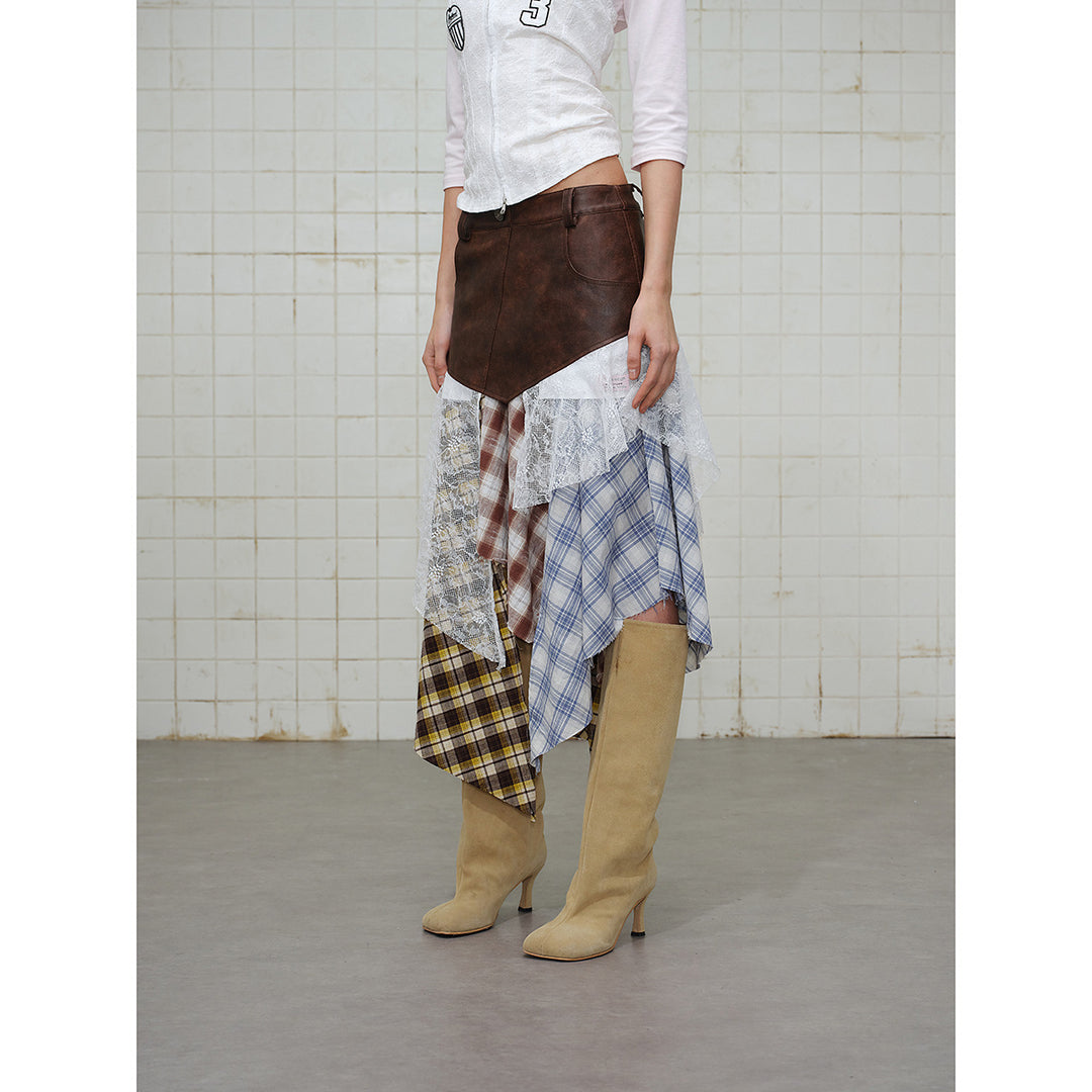 Damen Asymmetrischer Lagenrock mit Kunstlederbund und Karomix Nord Taschen