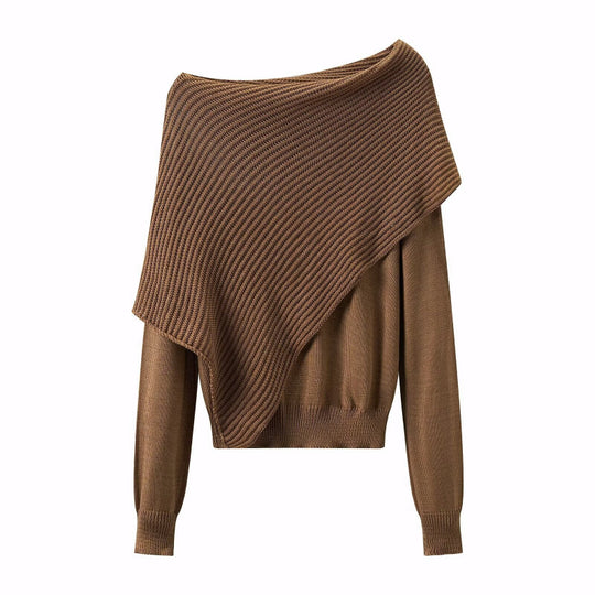 Damen Asymmetrischer schulterfreier Strickpullover mit Poncho‑Einsatz Nord Taschen