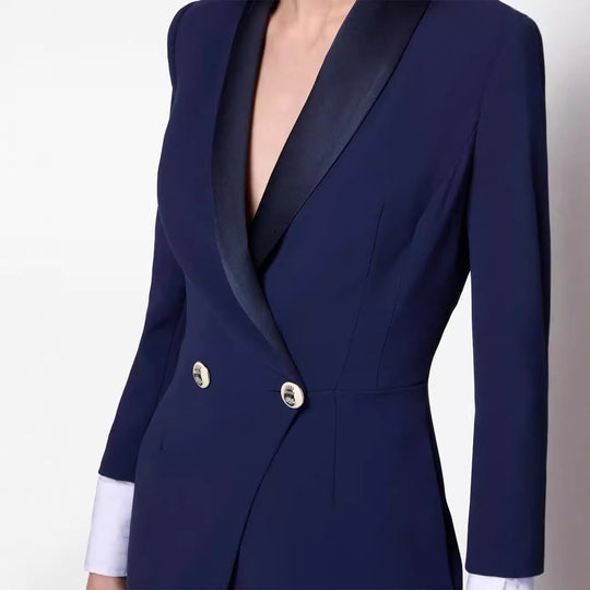 Damen Schlankes Smoking-Blazerkleid in Maxilänge mit Satinrevers und Wickeloptik Nord Taschen