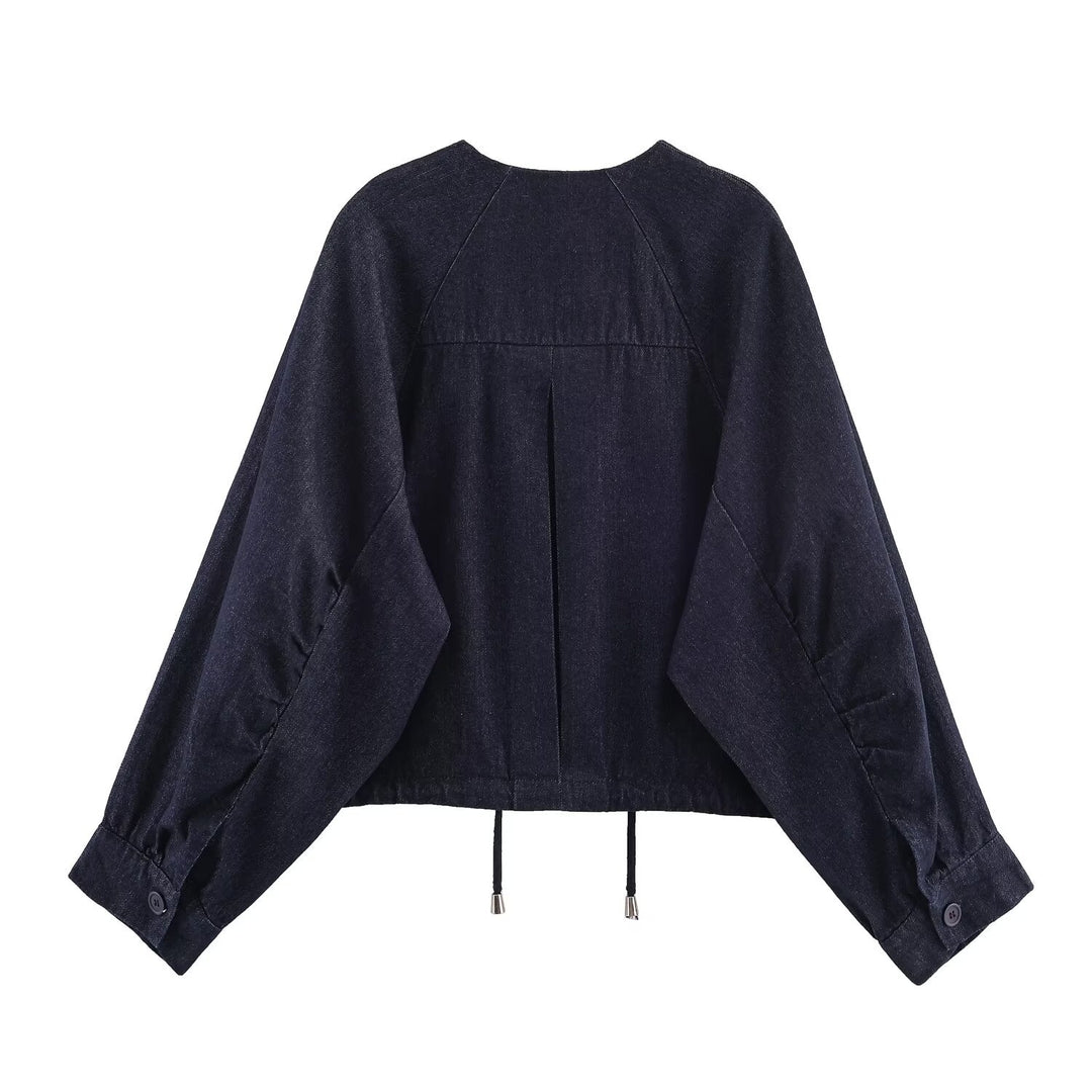 Damen Oversized Cropped Denim-Jacke mit Tunnelzug, Raglanärmeln und verdeckter Druckknopfleiste Nord Taschen