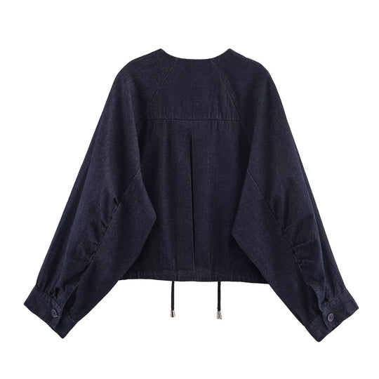 Damen Oversized Cropped Denim-Jacke mit Tunnelzug, Raglanärmeln und verdeckter Druckknopfleiste Nord Taschen