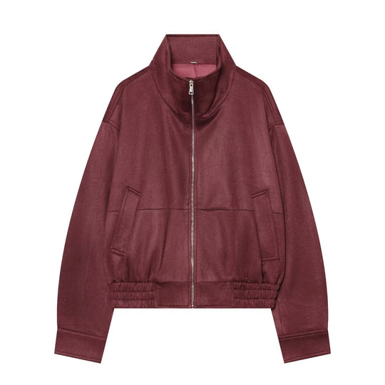 Damen Cropped Bomberjacke aus Veloursimitat mit Stehkragen und elastischem Saum Nord Taschen
