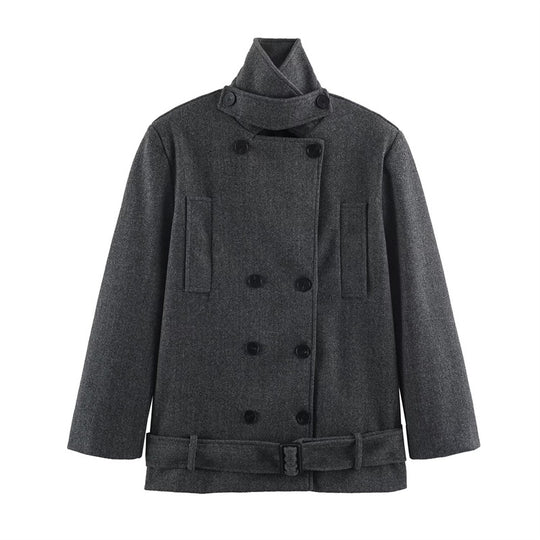 Herren Kurzer doppeltreihiger Wollmantel mit Stehkragen und Taillengürtel Nord Taschen