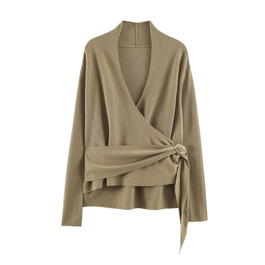 Damen Wickel-Strickpullover mit Gürtelring und tiefem V-Ausschnitt Nord Taschen