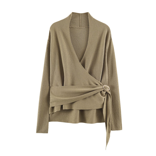 Damen Wickel-Strickpullover mit Gürtelring und tiefem V-Ausschnitt Nord Taschen