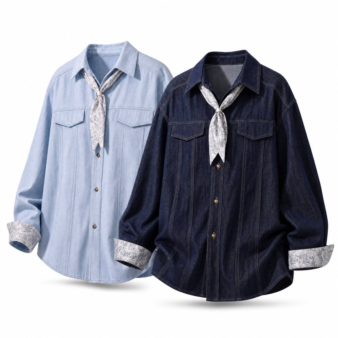 Damen Oversize-Hemdbluse mit floralem Manschettenbesatz und Nackentuch Nord Taschen
